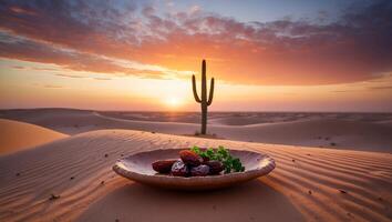 Serving Dates and Parsley in Desert Landscape at Sunset with Cactus photo