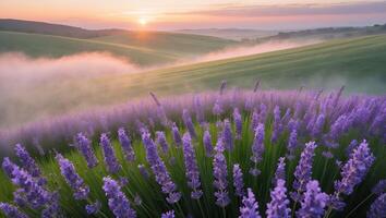 Lavender Field in Rolling Hills at Sunrise with Morning Mist photo