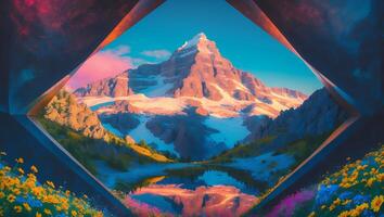 Viewing Snow Capped Mountain Peak Through Abstract Portal with Flower Field photo