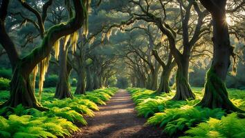 Walking on Forest Path Surrounded by Mossy Trees and Green Ferns photo
