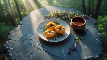 Arrangement of Persimmons with Rosemary and Clay Pot Outdoors photo