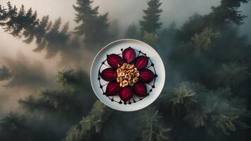 Beetroot and Walnut Salad Plate Floating Above Misty Evergreen Forest photo