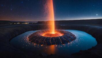 Geyser Erupting in a Dark Rocky Landscape Reflecting the Starry Night photo