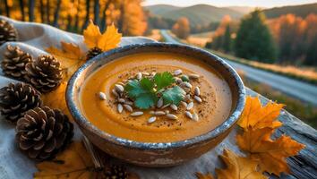 Pumpkin Soup in Bowl with Autumn Leaves and Pine Cones photo