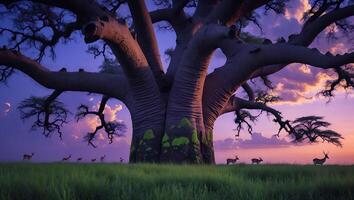 Giant Baobab Tree with Antelopes at Sunset in a Grassy Field photo