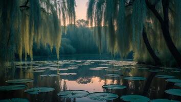 Lake with Lily Pads and Weeping Willow Trees at Dusk photo