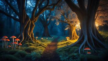 Walking Path Through Enchanted Forest with Glowing Mushrooms at Dusk photo