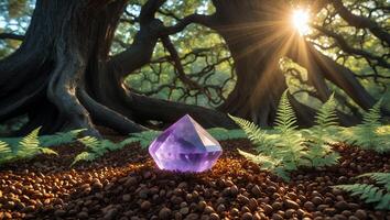 Purple Crystal Point Glowing on Forest Floor with Sunlight Streaming photo