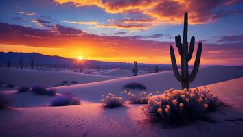 Cactus Silhouette at Sunset on Desert Sand Dunes with Dramatic Sky photo