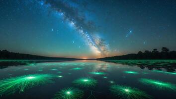 Milky Way Over Tranquil Lake with Bioluminescent Algae at Night photo