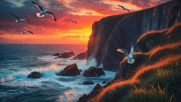 Seagulls Flying Over Ocean Cliff at Sunset with Breaking Waves photo
