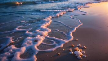 Gentle Waves Washing Ashore on Sandy Beach with Seashells photo