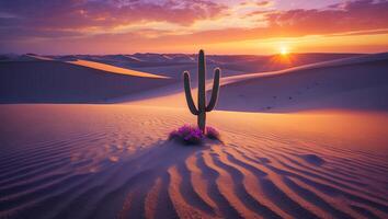Desert Cactus Silhouette at Sunset with Vibrant Sky and Sand Dunes photo