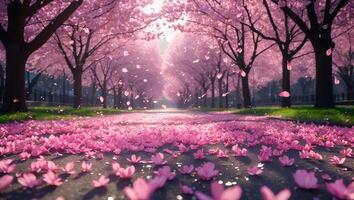 Pathway of Pink Flowers with Trees and Falling Petals in Spring photo