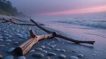 Driftwood on Pebble Beach with Ocean Waves at Sunset Scenery photo