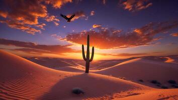 Cactus Silhouette in Desert Landscape with Bird Flying at Sunset photo
