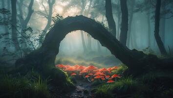 Red Mushrooms Under Tree Archway in Misty Woodland Scenery photo