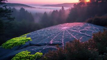 Glowing Spiderweb on Rock Formation in Mystical Forest at Sunset photo