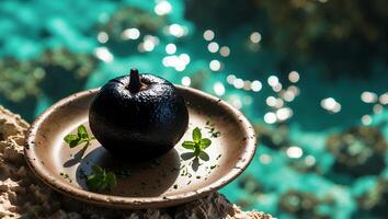Dark Fruit on Plate with Mint Near Sparkling Turquoise Water photo