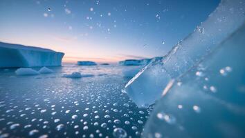 Floating Ice in Arctic Ocean at Dusk with Water Droplets photo