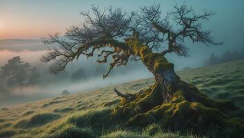 Old Mossy Tree Standing on Grassy Hillside with Morning Mist photo