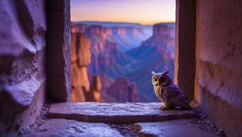 Owl Figurine Sitting Near Window Overlooking Canyon Landscape View photo