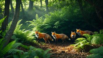 Foxes Walking Through Lush Green Forest with Sunlit Ferns photo