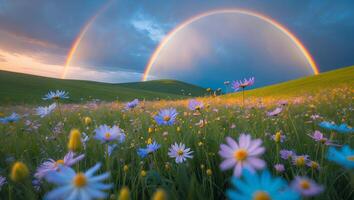 Field of Wildflowers Under Double Rainbow Against Hilly Green Landscape photo