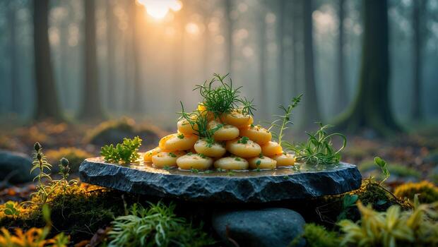 Stack of Potato Bites Topped with Greens on Stone in Forest photo