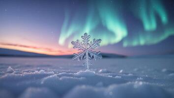 Snowflake on Snow with Aurora Borealis in the Background Sky photo