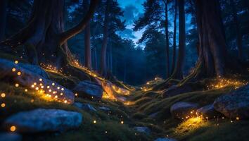Luminous Forest Path at Night with Glowing Lights and Dark Trees photo
