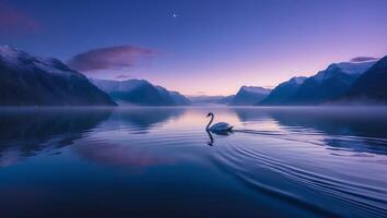 Swan Swimming on Calm Lake at Twilight with Mountain Backdrop photo