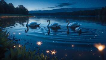 Swans Swimming on Calm Lake with Stars at Night Tranquil Scene photo