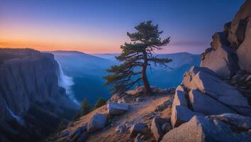 Lone Tree on Mountain Overlook with Waterfall at Dusk Scenery photo