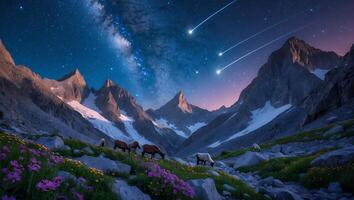 Grazing Animals Under Starry Sky in Mountain Valley with Flowers photo