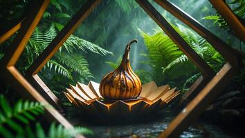 Ornamental Gourd Displayed in Geometric Frame Amidst Lush Ferns in Rain photo