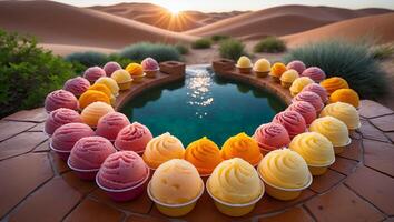 Colorful Sherbet Cups Arranged Around Desert Pool with Sunset Backdrop photo