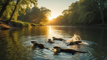 Otters Swimming in River at Sunset with Trees and Golden Light photo