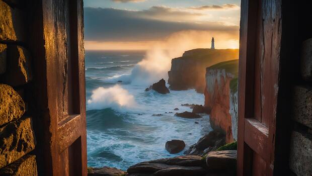 Ocean Waves Crashing on Cliffs Viewed Through a Rustic Window photo