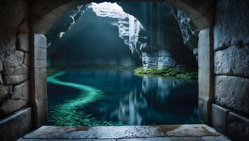 Viewing Dark Cave Lake Through Stone Archway with Reflective Water photo