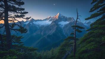 Majestic Snowy Mountains Landscape Through Evergreen Forest View with Glowing Star photo