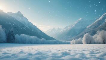 Winter Landscape Shows Snow Covered Field and Majestic Mountain Range photo