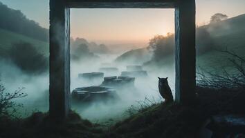 Owl Perched Near Stone Window Frame in Foggy Mountain Landscape photo