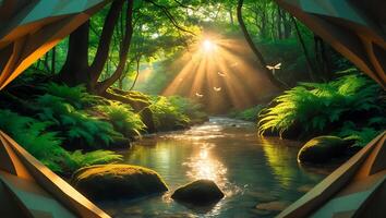 Forest Stream View Through Tent with Sunlight and Greenery photo