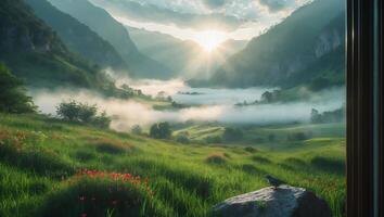 Foggy Valley Landscape with Sun Rays and Green Meadow photo