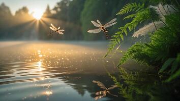 Dragonfly Hovering Over Water at Sunrise with Fog and Reflections photo
