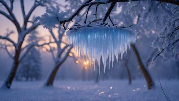 Icicles Hanging From Snowy Branch in Winter Forest at Sunset photo