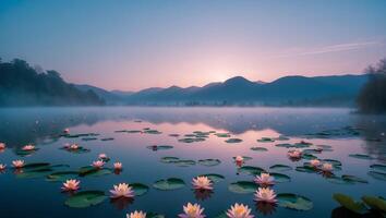 Water Lilies Floating on Lake at Sunrise with Misty Mountains photo