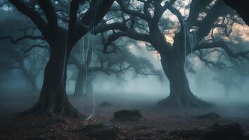 Walking Through Mystical Foggy Forest with Spooky Hanging Web Decorations photo