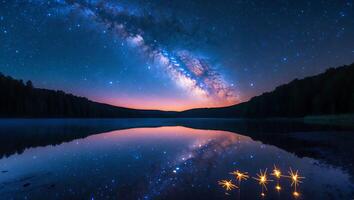 Milky Way Reflection Over Calm Lake Water at Night with Stars photo